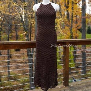 Vintage 90s Carmen Marc Valvo Brown Crochet Maxi Dress